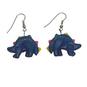 Vintage Stegosaurus Dinosaur Earrings Colorful Rainbow Novelty Dangles